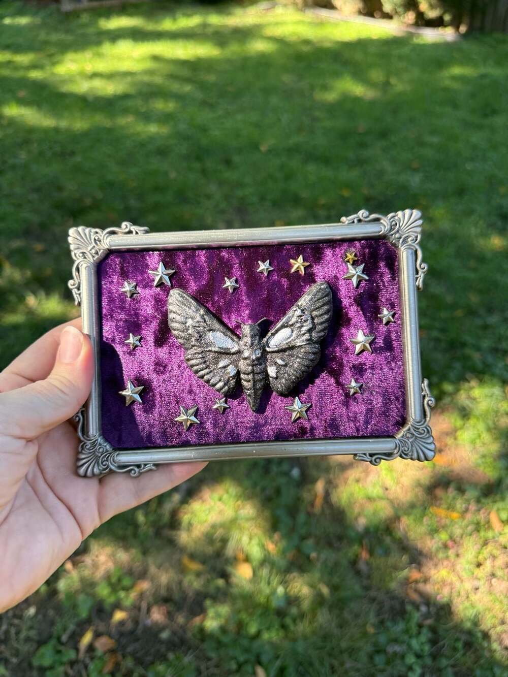 Handmade Gothic Death Moth Framed Wall Art Purple Velvet